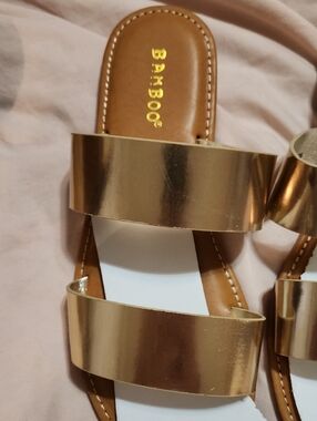 BAMBOO Metallic Gold Double-Band Slide Sandals